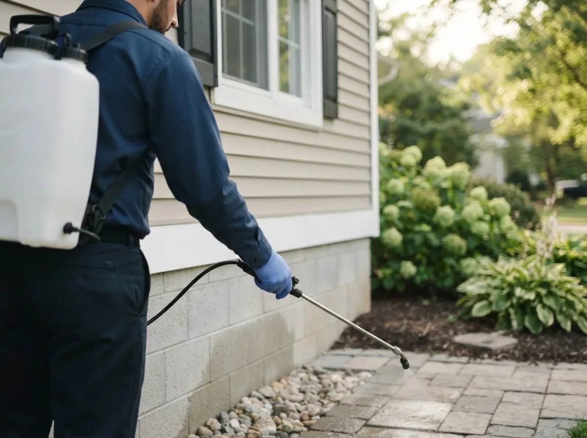 Pest control technician inspecting a home in National City, MI
